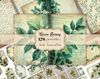 Green Botanical Junk Journal Kit Nature Junk Journal Printable Pages Greenery Ephemera Scrapbook Printables Vintage Leaves Seamless Pattern