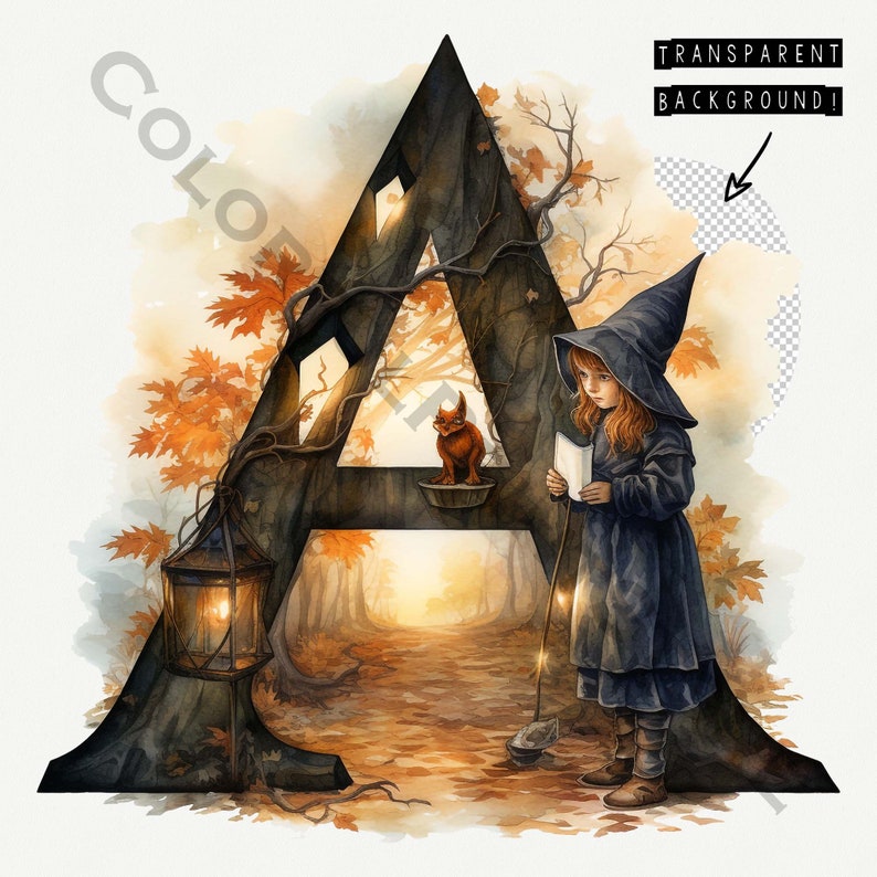 May include: A watercolor illustration of a large wooden letter A, with a path leading through it. A young girl in a blue witch's hat and dress stands on the right side of the letter, holding a book. A small red squirrel sits on a branch above her. The background is a watercolor wash of autumn colors.