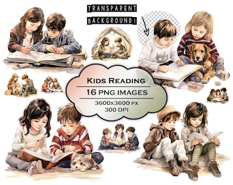 Watercolor Children Reading Book Illustration Cartoon Kids PNG School Kids Digital Art Cute Kids Reading Clipart Kids with Books Storytime