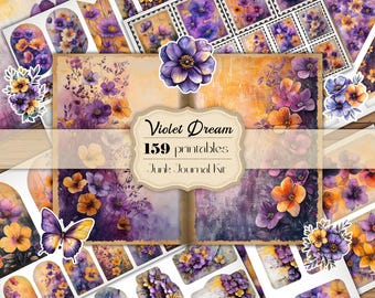 Purple and Yellow Flowers Junk Journal Kit, Violet Floral Ephemera, Vintage Purple Flowers Junk Journal Pages Printable - Digital Download