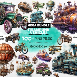 MEGA SET Watercolor Steampunk Vehicles Clipart Bundle Vintage Vehicles PNG Mechanical Journal Clipart Steampunk Cars Png Steampunk Scrapbook