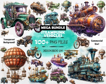 MEGA SET Watercolor Steampunk Vehicles Clipart Bundle Vintage Vehicles PNG Mechanical Journal Clipart Steampunk Cars Png Steampunk Scrapbook