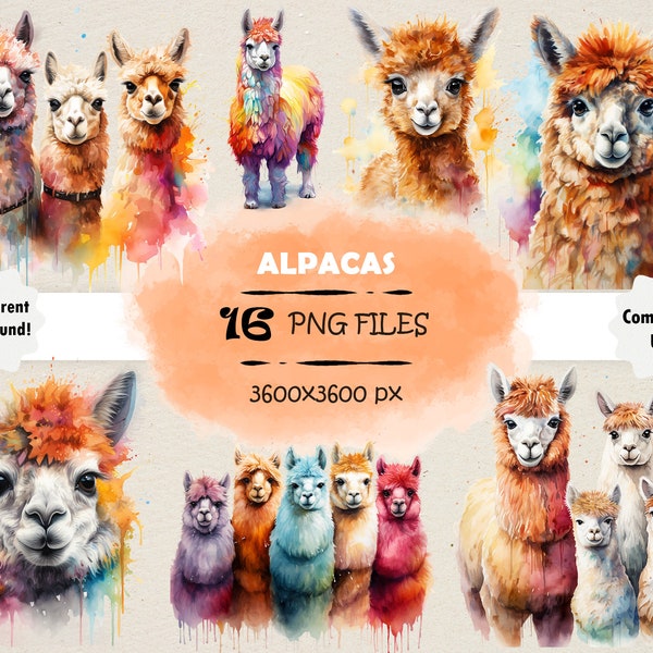 Watercolor Alpaca Clipart Bundle Colorful Alpaca PNG Set Original Alpaca Wall Art Watercolor Llama PNG Baby Llama Clip Art Baby Alpaca PNG