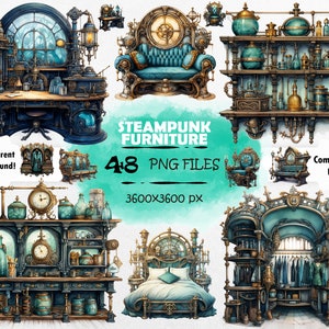 Watercolor Steampunk Furniture Clipart Bundle Technology Art PNG Industrial Furniture PNG Steampunk Furniture PNG Steampunk Scrapbook Bundle