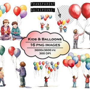 Watercolor Balloons Children Book Illustration Cartoon Kids PNG School Kids Digital Art Cute Kids Playing Clipart Balloon Birthday Card Idea