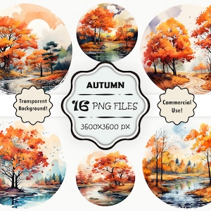 Watercolor Autumn Landscape Print Fall Clipart Set Autumn Scenery PNG Fall Scene Autumn Forest Wall Art Watercolor Autumn Print Autumn PNG