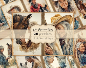 Watercolor Old Cowgirl Junk Journal Pages Horse Nostalgia Junk Journal Printable Old Rancher Lady Half Pages Old Woman Horse Riding Journal