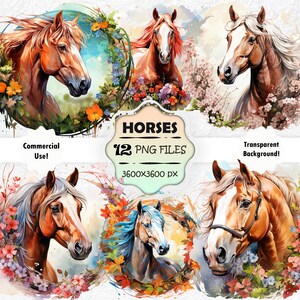Paquete de imágenes prediseñadas de caballo de acuarela, PNG de caballo de primavera, estampado de caballo floral, arte de caballo imprimible de álbum de recortes, retrato de caballo floral, pintura de caballo