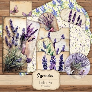 May include: A printable digital paper pack with a lavender theme. The pack includes various designs featuring lavender flowers, jars, and vintage-style text. The text "Lavender Folio Kit Printable" is included in the image.