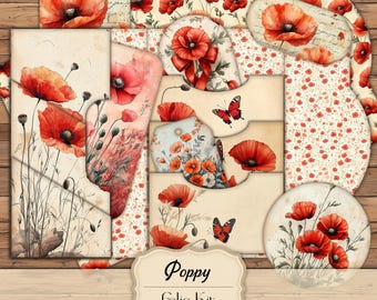 Watercolor Poppy Junk Journal Folio Poppy Junk Journal Kit Shabby Chic Poppy Ephemera Poppy Scrapbook Vintage Poppy Junk Journal Printable
