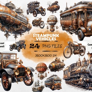 Watercolor Steampunk Vehicles Clipart Bundle Vintage Vehicles PNG Set Mechanical Journal Clipart Steampunk Cars PNG Steampunk Scrapbook Art