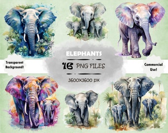 Aquarelle éléphant Clipart Bundle éléphants colorés PNG ensemble aquarelle éléphant Wall Art aquarelle éléphant PNG Bundle éléphant Wall Art