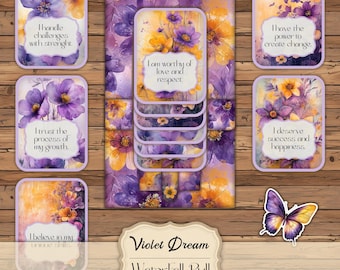 Violet Dream Sliding Waterfall Pull - Junk Journal Tab with Affirmation Cards - Printable Junk Journal Inserts - Well-being, self-confidence