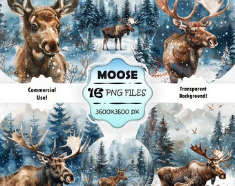 Watercolor Moose Painting Moose PNG Bundle Winter Moose Prints Moose Junk Journal Printable Moose Art Digital Moose Scrapbook Clipart Set