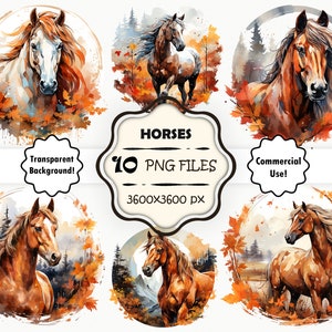 Paquete de imágenes prediseñadas de caballo de acuarela, impresión de caballo de otoño, conjunto PNG de caballo de otoño, arte de pared de caballo de otoño, arte imprimible de caballo, pintura de caballo de otoño