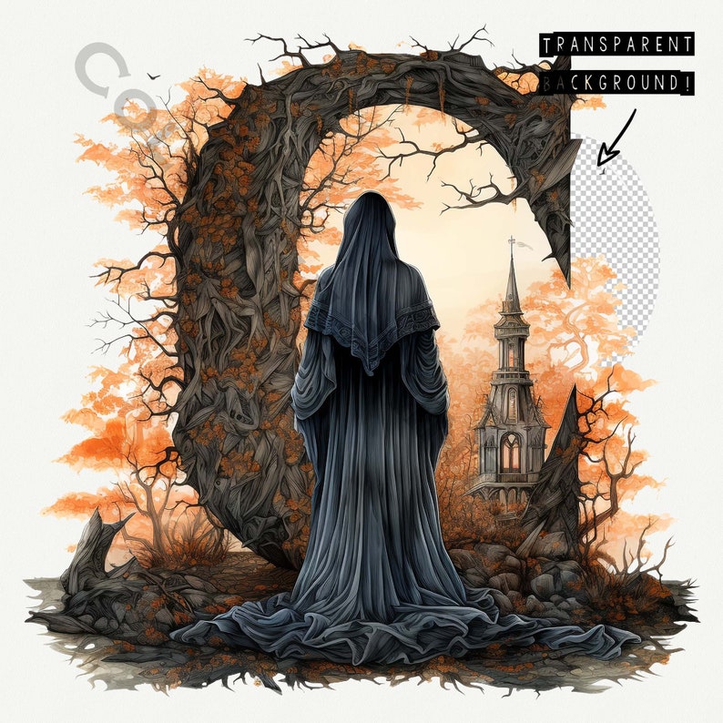 May include: A figure in a long, dark hooded robe stands before a large, twisted tree archway. The tree is covered in autumn leaves and vines. A small, stone church is visible in the background.