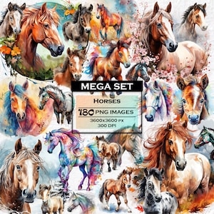 Paquete de imágenes prediseñadas de caballo de acuarela, impresiones coloridas de caballos, arte de caballo imprimible, conjunto PNG de caballo lindo, arte original de la pared del caballo, álbum de recortes de caballos