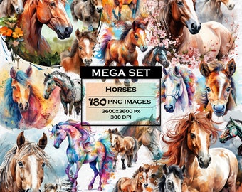 Watercolor Horse Clipart Bundle, Colorful Horse Prints, Printable Horse Art, Cute Horse PNG Set, Original Horse Wall Art, Horse Scrapbook