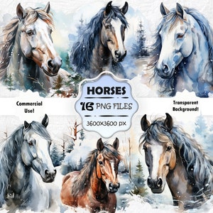 Paquete de imágenes prediseñadas de caballo de acuarela, PNG de caballo de invierno, impresión de caballo nevado, arte de caballo imprimible de álbum de recortes, pintura de caballo de invierno, retrato de caballo