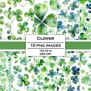 Papier numérique aquarelle trèfle, papier imprimable shamrock, motif répétitif à quatre feuilles, fond trèfle à quatre feuilles