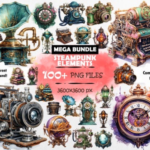 May include: A collection of 100+ steampunk themed digital illustrations, including clocks, gears, cameras, and a gramophone. The illustrations are in a watercolor style and have a vintage aesthetic.  The text "MEGA BUNDLE STEAMPUNK ELEMENTS 100+ PNG FILES 3600x3600 px" is displayed on a pink background.