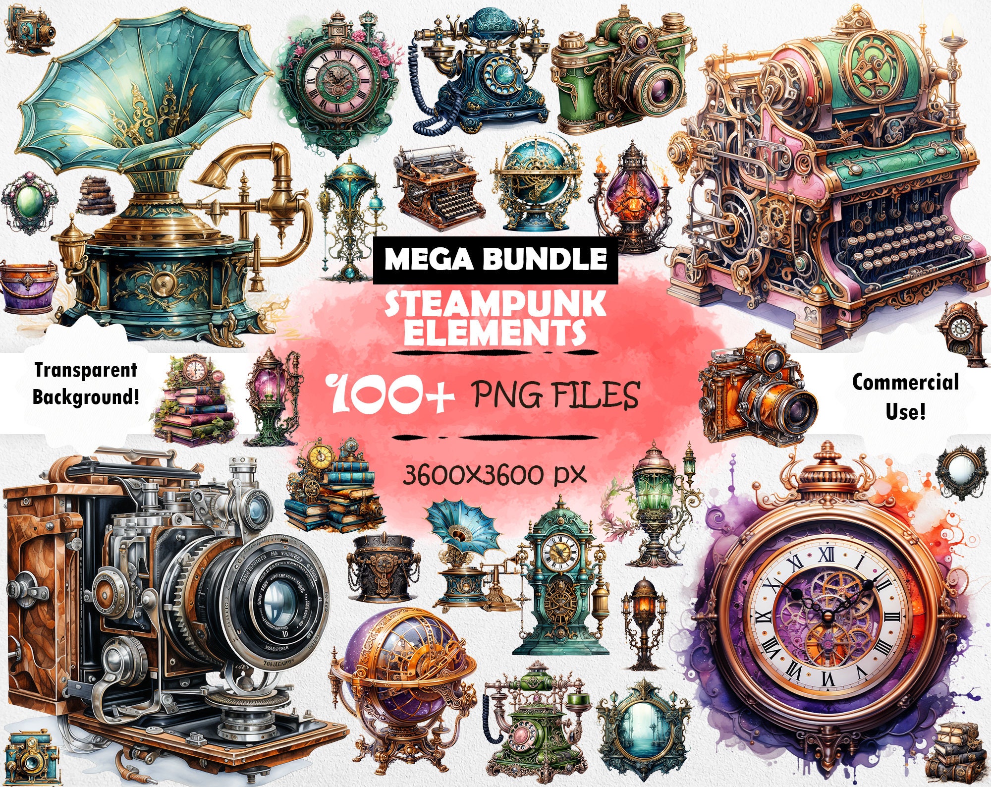 MEGA SET Watercolor Steampunk Elements Clipart Bundle Mechanical Items ...