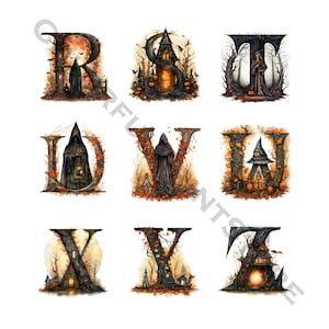 May include: Nine watercolor illustrations of letters from the alphabet, R, S, T, U, V, W, X, Y, and Z. Each letter is formed by a dark tree trunk with autumn leaves and a spooky Halloween scene inside. The scenes include a hooded figure, a haunted house, a witch, and a jack-o-lantern.