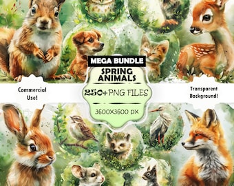 MEGA SET Spring Animals Clipart Bundle, Watercolor Animals PNG Set, Woodland Printable Art, Forest Animals Wall Art, Green Animals Print Set