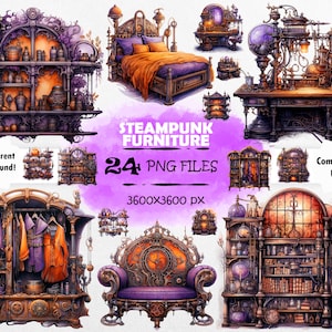 Watercolor Steampunk Furniture Clipart Bundle Victorian Furniture PNG Industrial Furniture PNG Steampunk Furniture PNG Steampunk Scrapbook