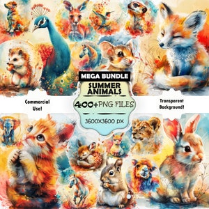 Paquete de imágenes prediseñadas de animales de verano de acuarela MEGA SET, paquete PNG de animales de acuarela, arte imprimible de animales coloridos, conjunto de impresiones de animales exóticos