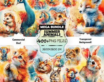 Watercolor Summer Animals Clipart Bundle MEGA SET, Watercolor Animals PNG Bundle, Colorful Animals Printable Art, Exotic Animals Prints Set
