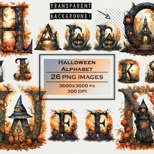 May include: Halloween alphabet clipart set with 26 letters. Each letter is a spooky illustration with a gothic style house, pumpkins, and autumn leaves. The letters are on a transparent background.