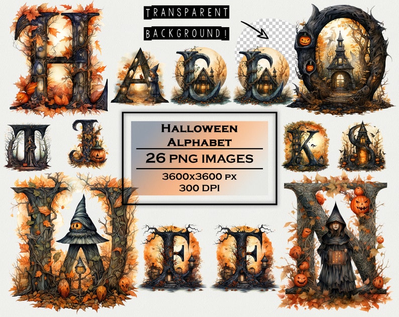 May include: Halloween alphabet clipart set with 26 letters. Each letter is a spooky illustration with a gothic style house, pumpkins, and autumn leaves. The letters are on a transparent background.