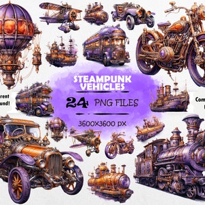 Watercolor Steampunk Vehicles Clipart Bundle Vintage Vehicles PNG Set Mechanical Journal Clipart Steampunk Cars PNG Steampunk Scrapbook Art