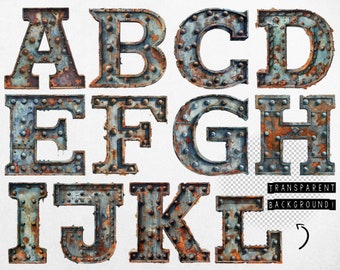 May include: Rusty metal letters of the alphabet, A through L, with rivets and a worn, aged appearance. The letters are isolated on a white background.