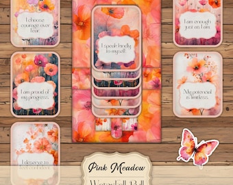 Pink Meadow Sliding Waterfall Pull - Junk Journal Tab with Affirmation Cards - Printable Junk Journal Inserts - Well-being, self-confidence
