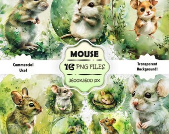 Watercolor Mouse Clipart Bundle, Cute Mouse PNG Set, Spring Mouse Painting, Junk Journal Printable Mouse Art, Sage Green Mouse Wall Art