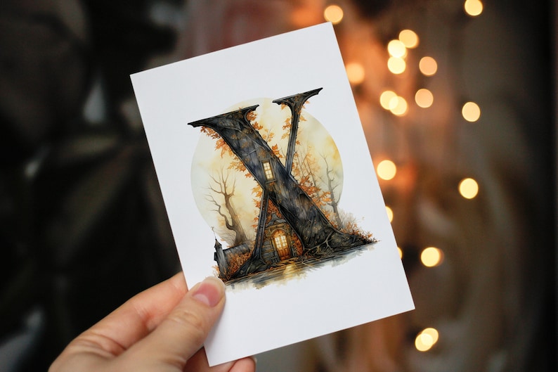 May include: A watercolor illustration of the letter X, stylized as a house in a forest with a full moon in the background. The house has a window with a warm glow and a door. The forest is depicted with dark brown trees and orange leaves.