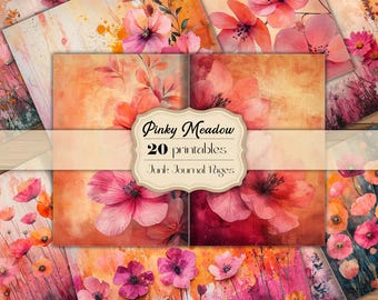 Pink and Orange Floral Junk Journal Pages Shabby Junk Journal Printable Vintage Flowers Half Pages Shabby Chic Wildflowers Half Papers