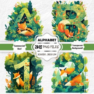 Lindo alfabeto de bosque para niños PNG Letras de bosque Clipart Adorables letras de guardería PNG Alfabeto de zorro Clip Art Lindos números de bosque PNG