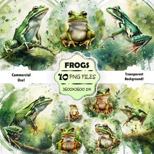 Watercolor Frog Clipart Bundle, Cute Frog PNG Set, Spring Frog Painting, Junk Journal Printable Frog Art, Green Frog Wall Art, Frog Digital