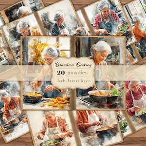 Páginas de diario de abuela cocinando basura en acuarela Páginas de diario de abuela cocinando basura imprimible Páginas de media anciana cocinando PNG
