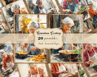 Watercolor Grandma Cooking Junk Journal Pages Grandmother Cooking Junk Journal Printable Cooking Old Lady Half Pages Old Woman Cooking PNG