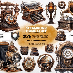 Watercolor Steampunk Clipart Bundle Technology Lover Vintage Elements PNG Set Steampunk Items Digital Art Junk Journal Scrapbook Wall Decor