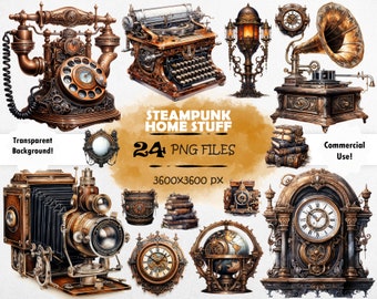 Watercolor Steampunk Clipart Bundle Technology Lover Vintage Elements PNG Set Steampunk Items Digital Art Junk Journal Scrapbook Wall Decor