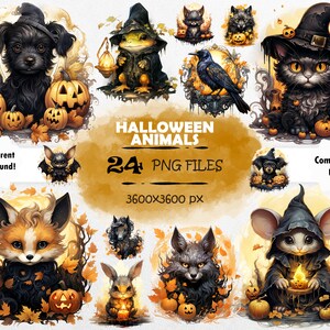 Watercolor Halloween Animals Clipart Bundle Halloween Animals PNG Set Pastel Halloween Animals Clipart Cute Halloween Animals Spooky Animals