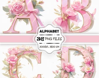 Pastel Pink Alphabet Clip Art Elegant Pink Lettering Baby Shower Letters PNG Set Pink Wedding Font Pink Rose Typography Hen Party Writing