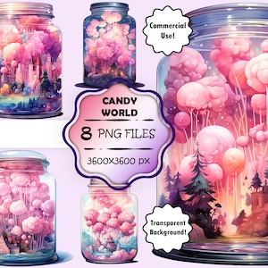 Aquarela Algodão Doce Mundo PNG Pacote Algodão Doce Clip Art Candyland Gráficos Algodão Doce Arte Mundo Mágico Clip Art Jar Mundo Mágico