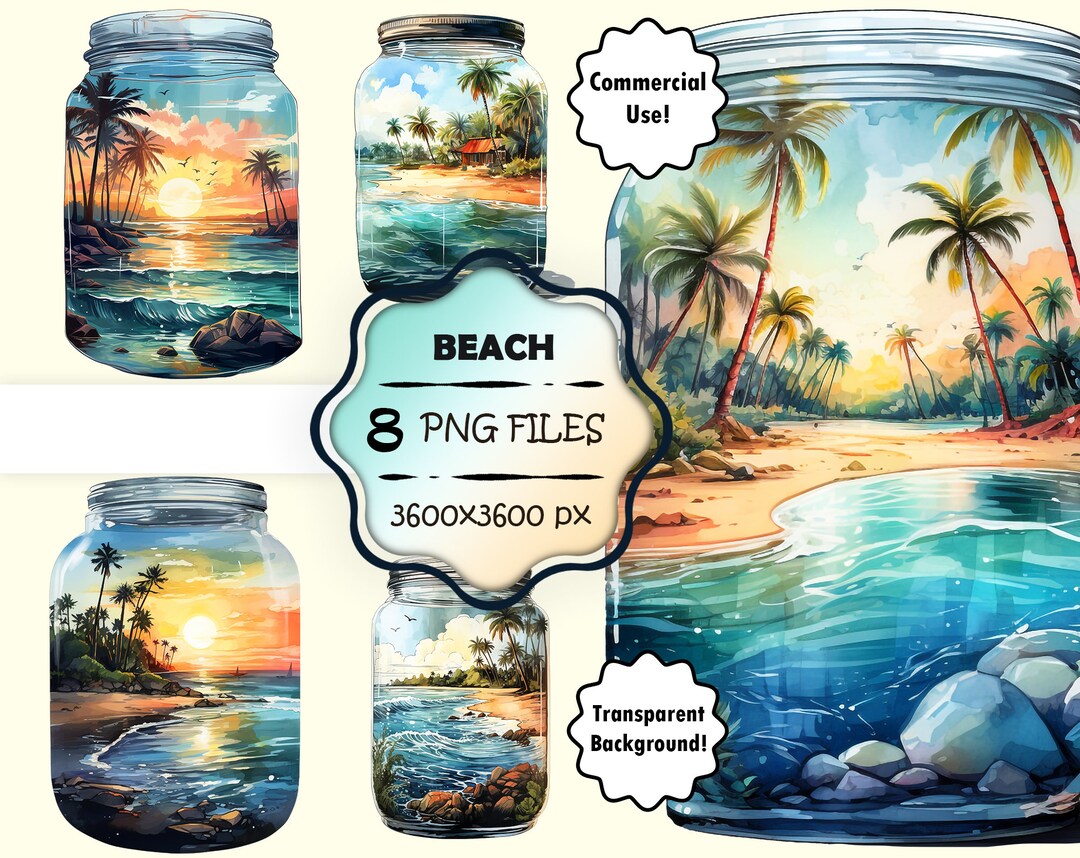 Watercolor Beach Clip Art Bundle Beach in a Jar PNG Tropical Beach ...