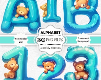 Blue Balloon Alphabet Clipart Blue Nursery Letters PNG Cute Teddy Font Baby Boy Letters Baby Shower Letters Clip Art Cute Balloon Numbers